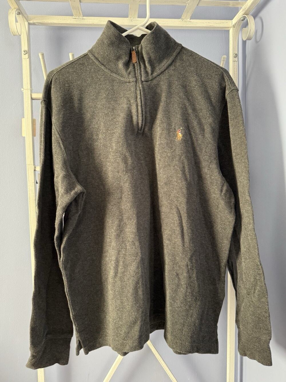 Mens 1/4 Zip Ralph Lauren Mock Turtleneck Long Sleeve Grey Sweater State Rib Md
